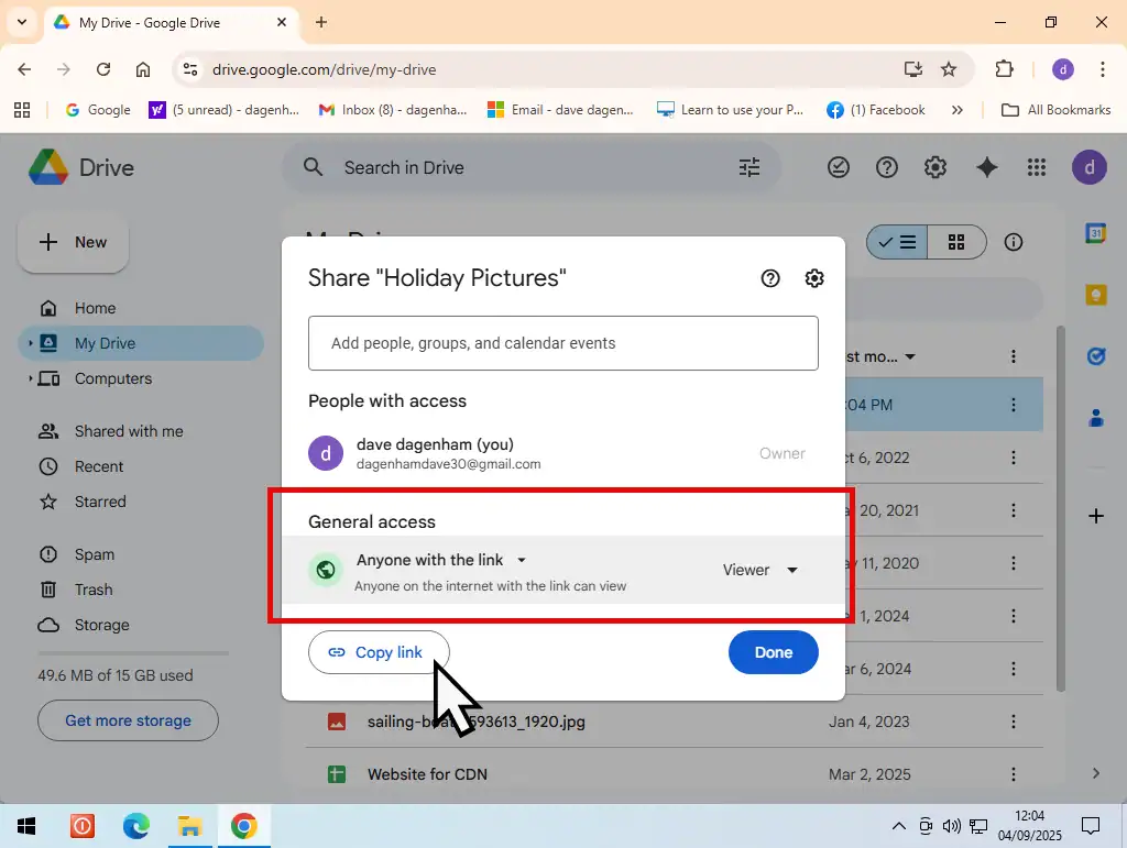Setting the Access option in GDrive to anyone with the link.
