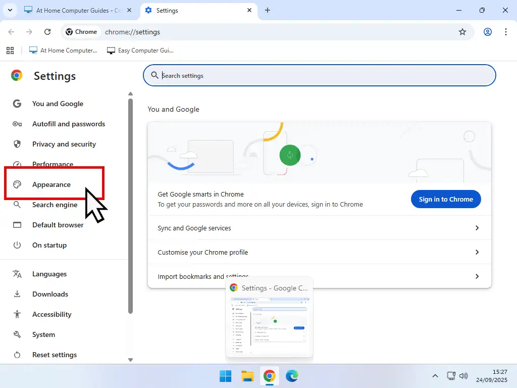 Appearance option is highlighted in the main menu.