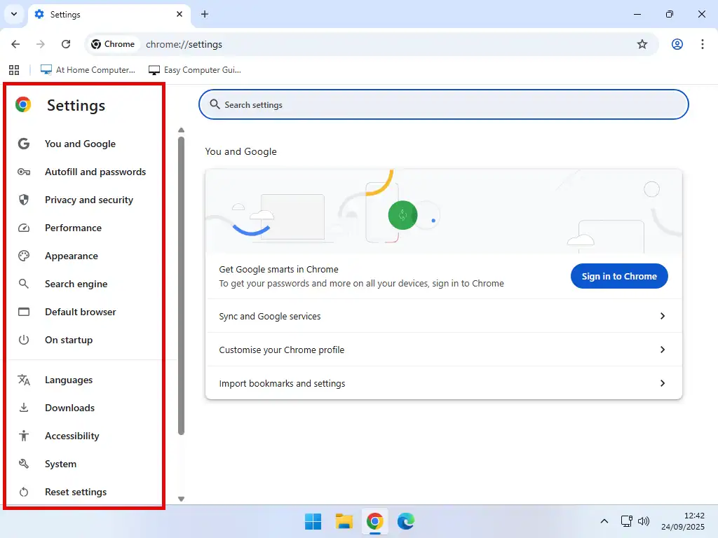 Main settings menu in Chrome.