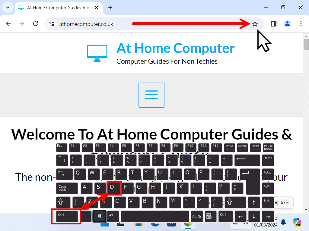 Creating a bookmark in Google Chrome. Keyboard shortcut CTRL + D and the Start icon are both shown.