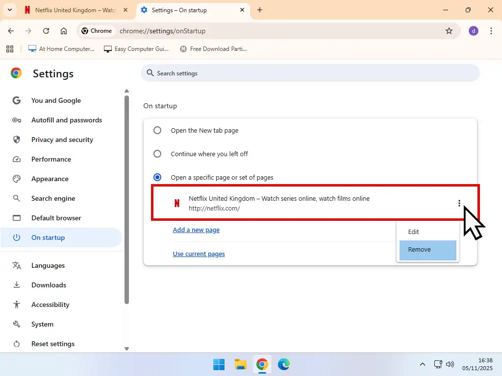 Removing a previous Start up page from Chrome.
