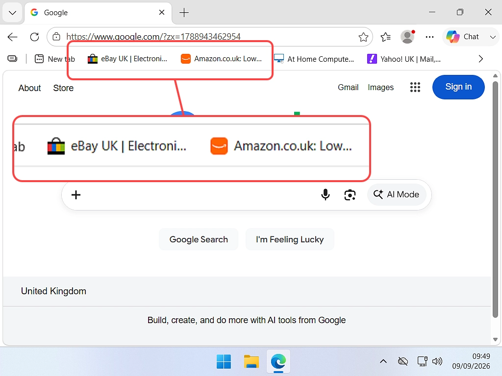 Ebay and Amazon are shown saved as Favourites on the Favourites Bar in Microsoft Edge.