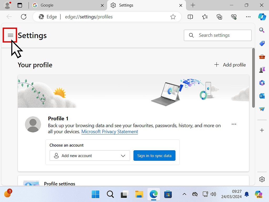 Settings menu is closed in Edge. The settings menu icon is highlighted.