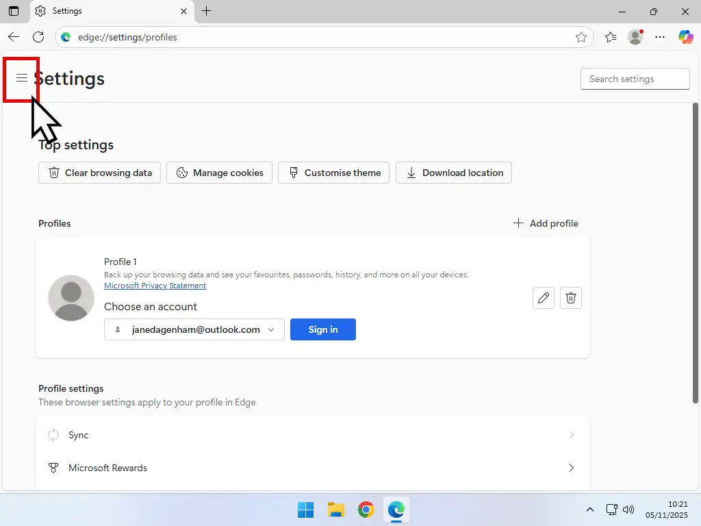 Expand the Settings menu Edge settings menu closed. Open it by clicking the 3 horizontal lines (indicated).