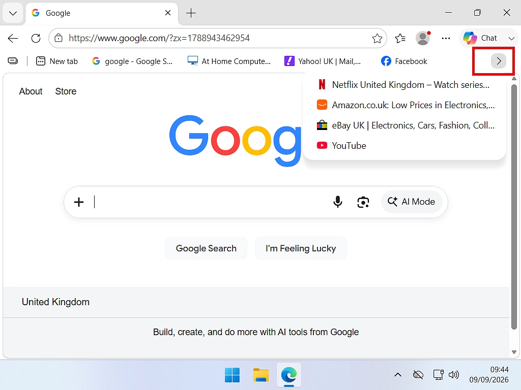 Hidden favourites button in Edge is marked indicated with overflow favourites in view.