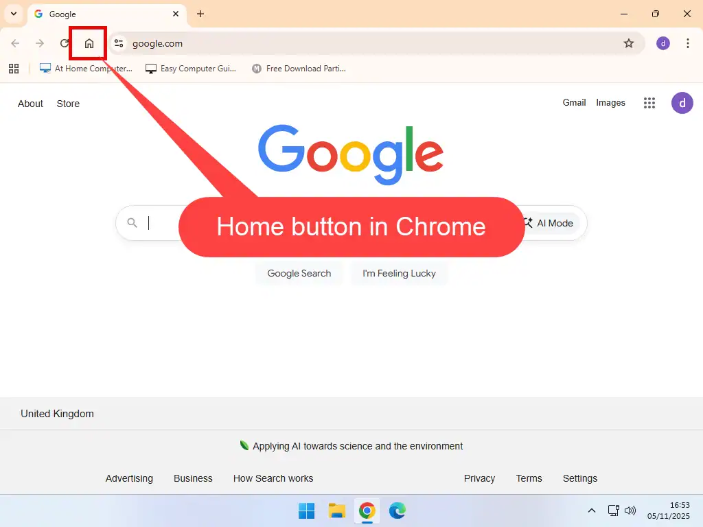 The Home button is indicated in Google Chrome.