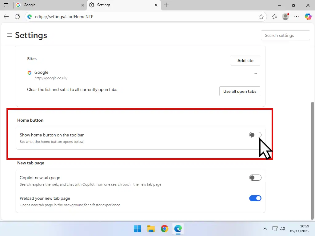 Home button toggle switch-Edge Show Home button toggle switch in Microsoft Edge.