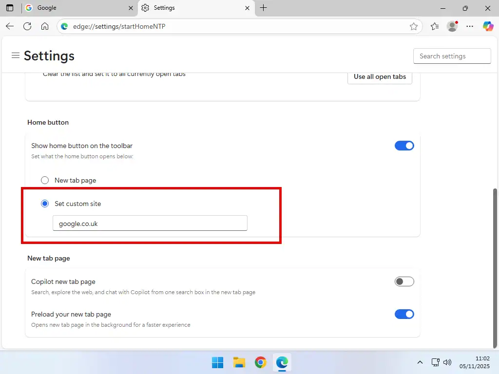 Home page set-Microsoft Edge Home page set in Edge.