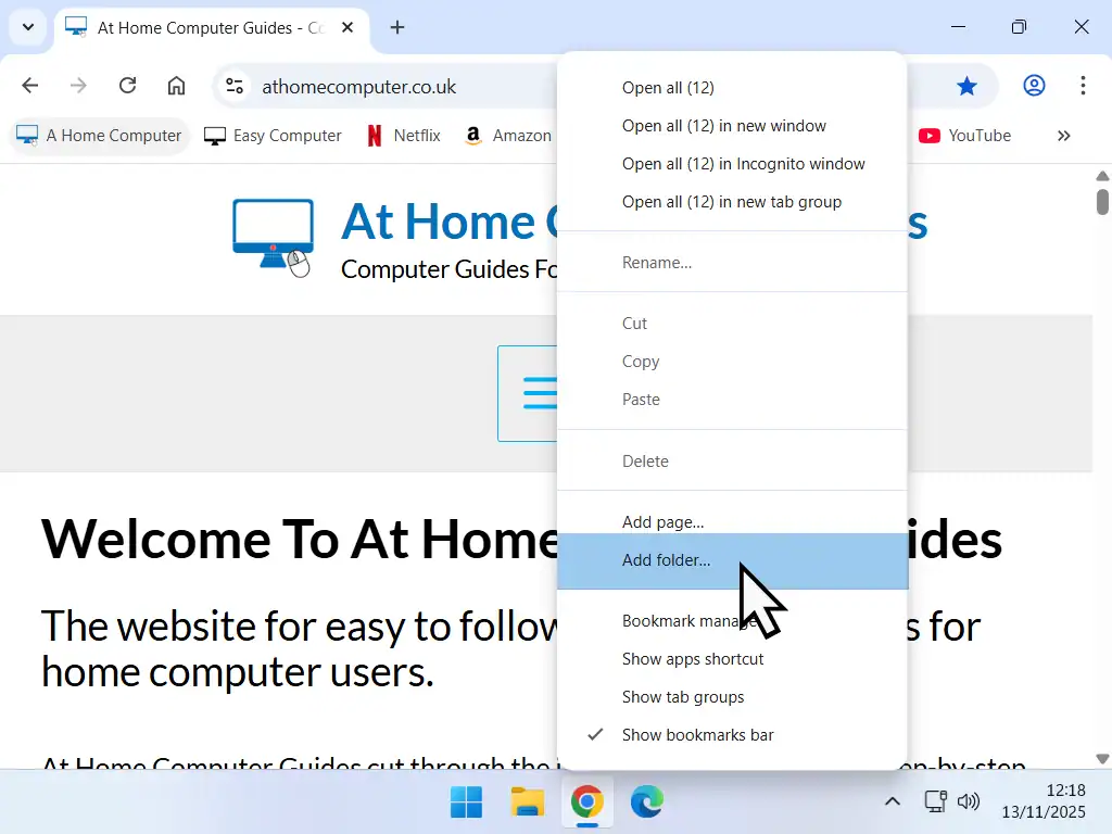 Add Folder option marked in Chrome.
