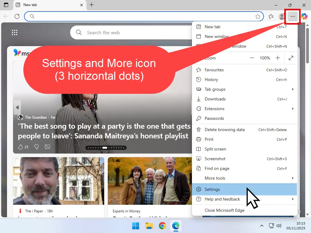 Microsoft Edge settings Open the Settings menu in Edge by clicking the 3 horizontal dots in the top right hand corner.