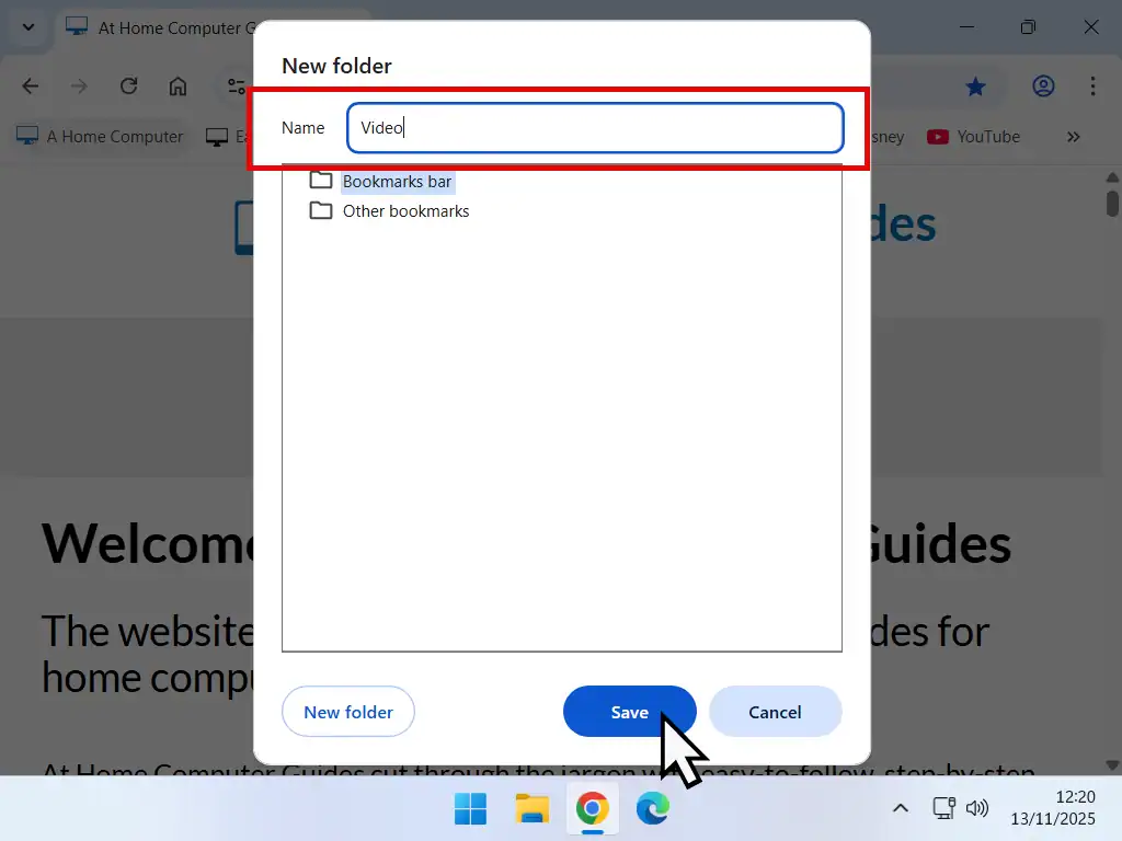 Folder named and Save button.
