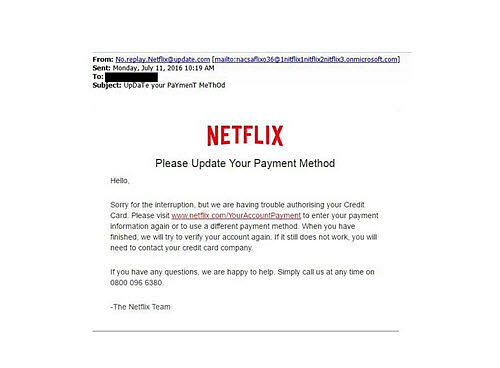 Phishing email supposedly from Netflix. Update your payment details or lose your account.
