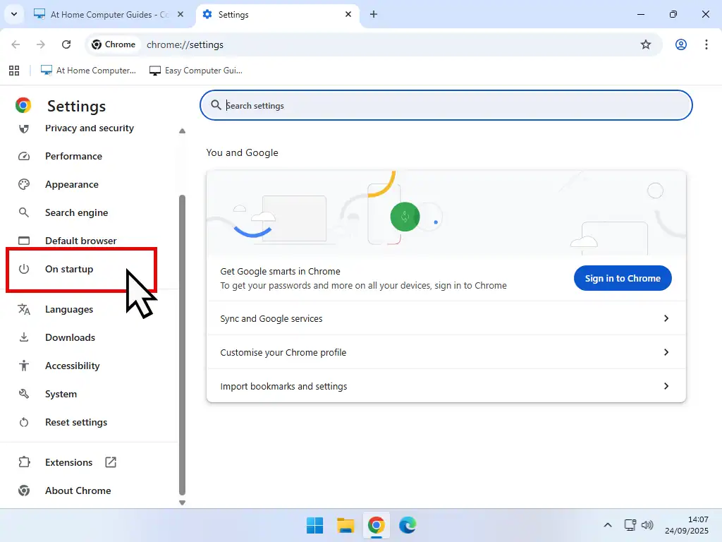 On Startup option is indicated.