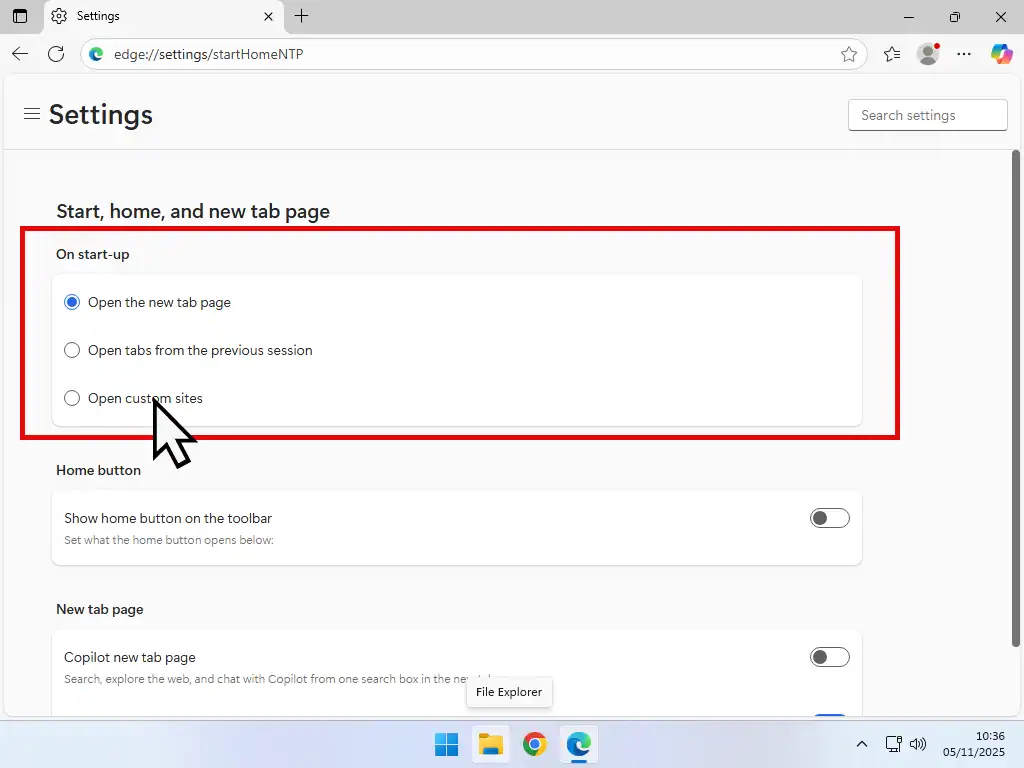 On start-up open custom sites On start-up open custom sites is indicated.
