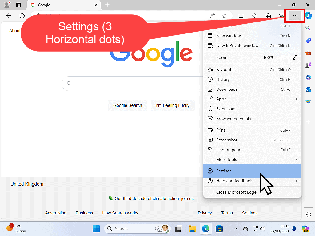 Edge settings icon indicated by a callout.