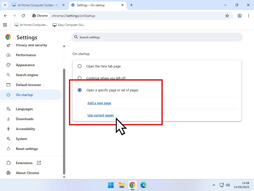 Open a specific page and Use current pages are both indicated.