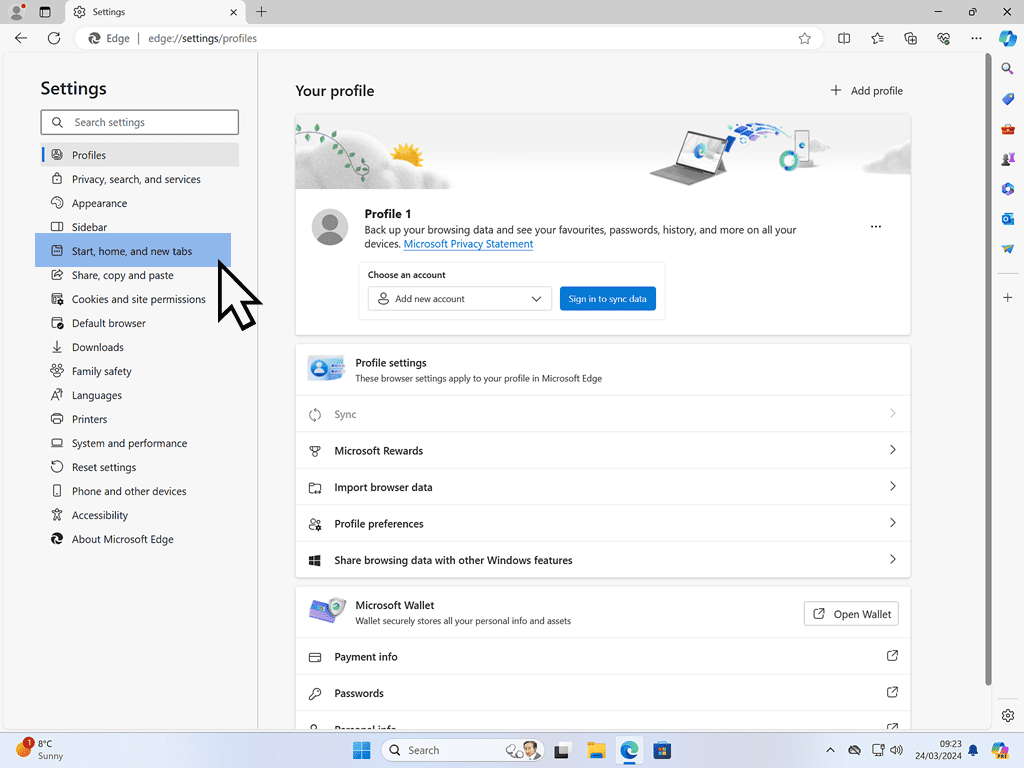 Start, home and new tabs link indicated in Edge settings menu.