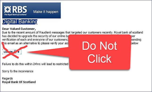 Fake phishing email from RBS. Callout says 