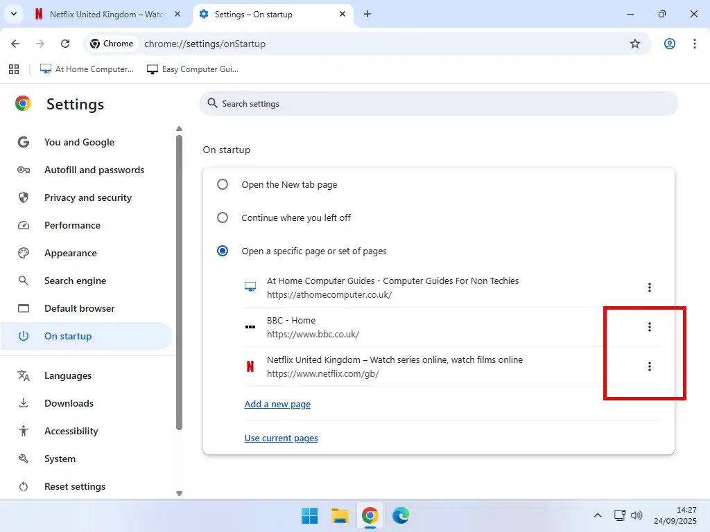 Multiple startup pages are shown in Chrome settings.