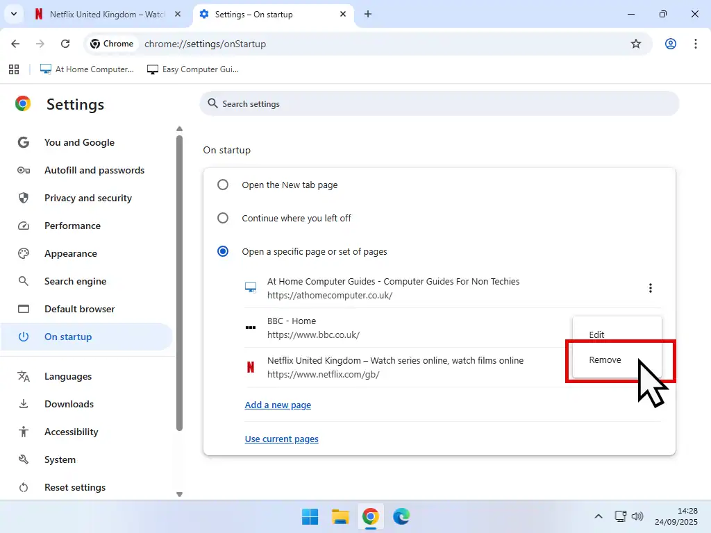 Removing startup pages from Chrome.
