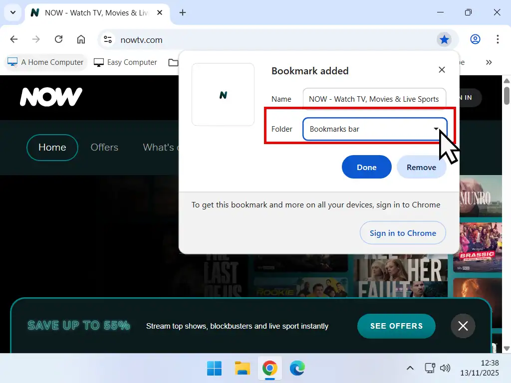 How to save a new bookmark in to a folder in Chrome.