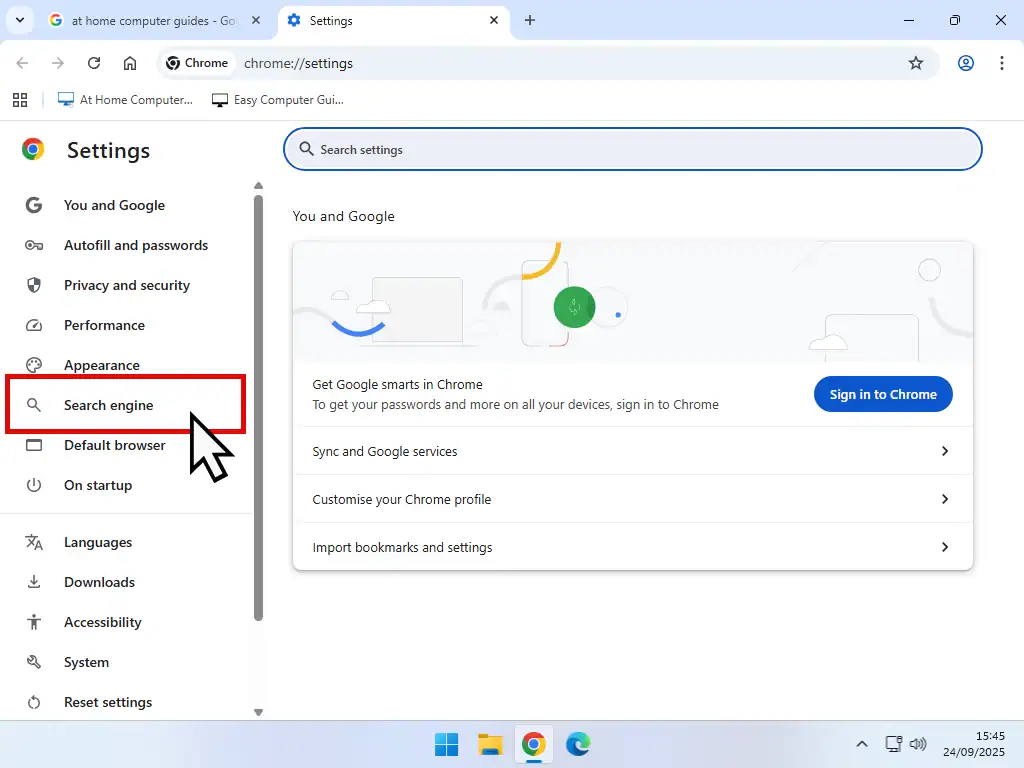 Search engine option in Chrome main menu.