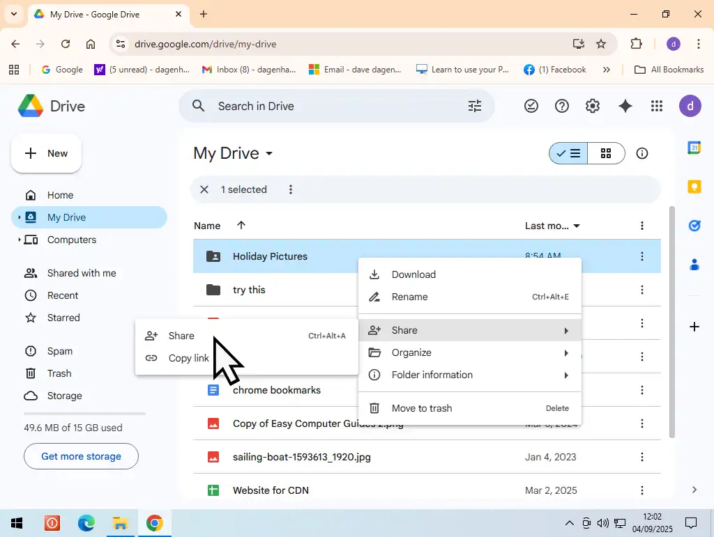 Sharing a folder in Google Drive.