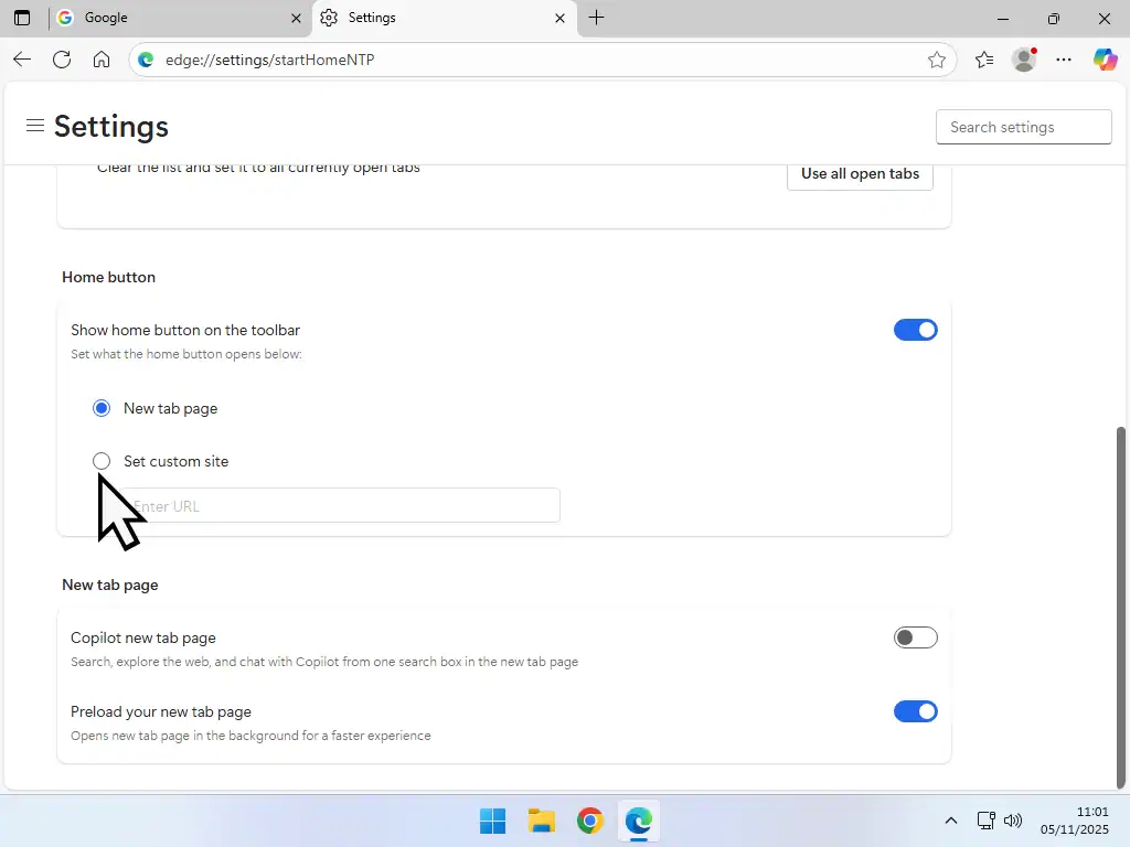 Set custom site for home page Setting the Home page for Edge.