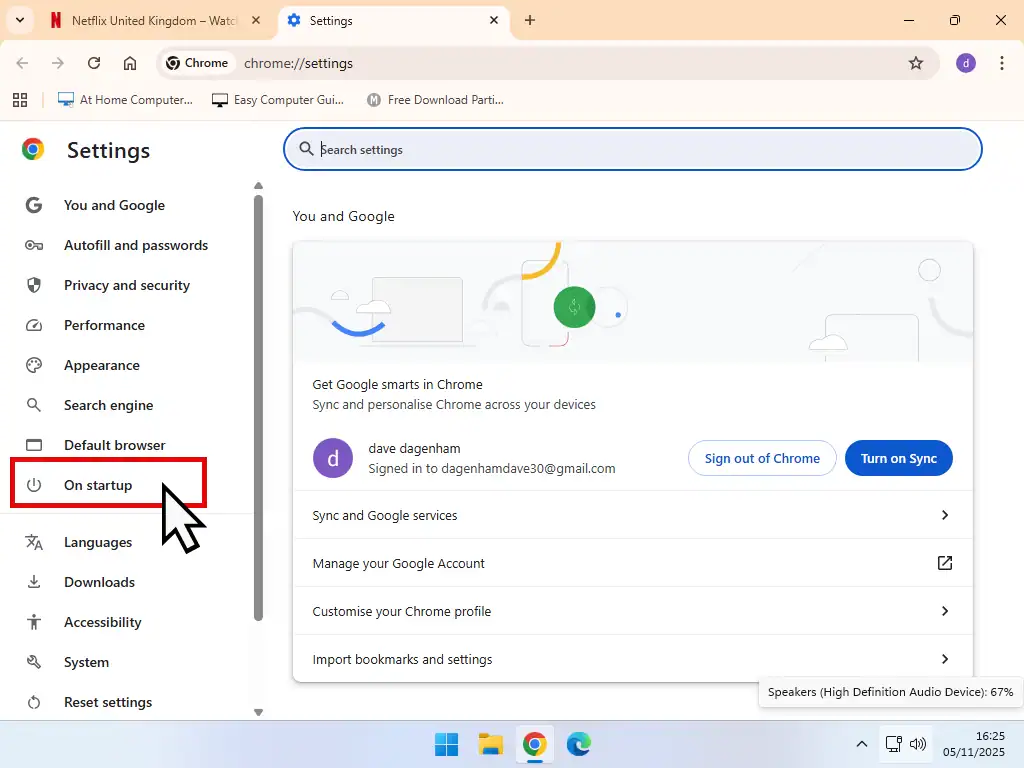 On Startup option marked in Chrome Settings.
