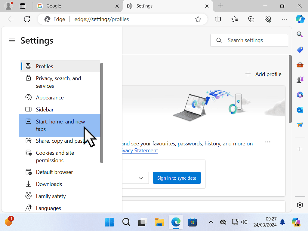 Settings menu is open and Start, home and new tabs are being clicked.