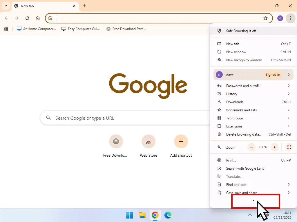 Scrolling Chrome settings menu.