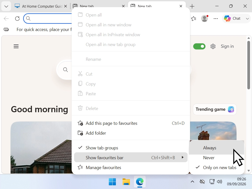 Right-click menu on the Favourites Bar in Edge, showing Always, Never and Only on new tabs.