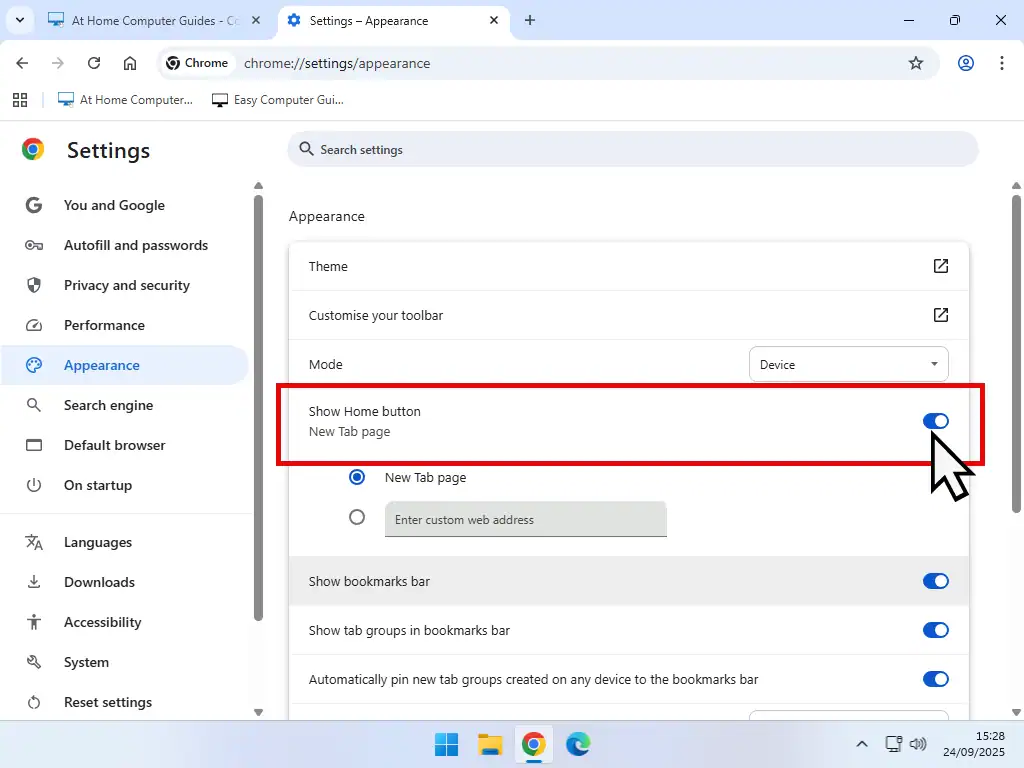 Turning on Show Home button in Chrome.