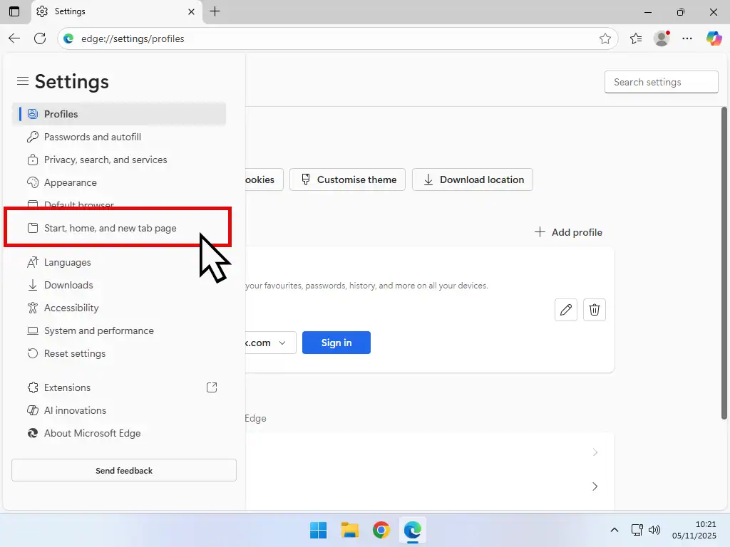 Start Page in Edge Settings menu open and Start, Home and New Tab link indicated.