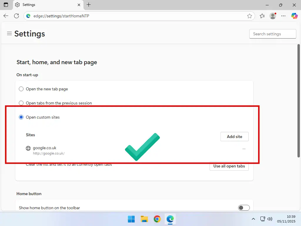 Start page set in MS Edge Google is set as the Start page in Microsoft Edge.