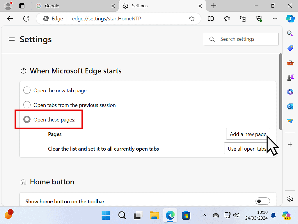 Open these pages is selected and the Add button highlighted in Edge settings.