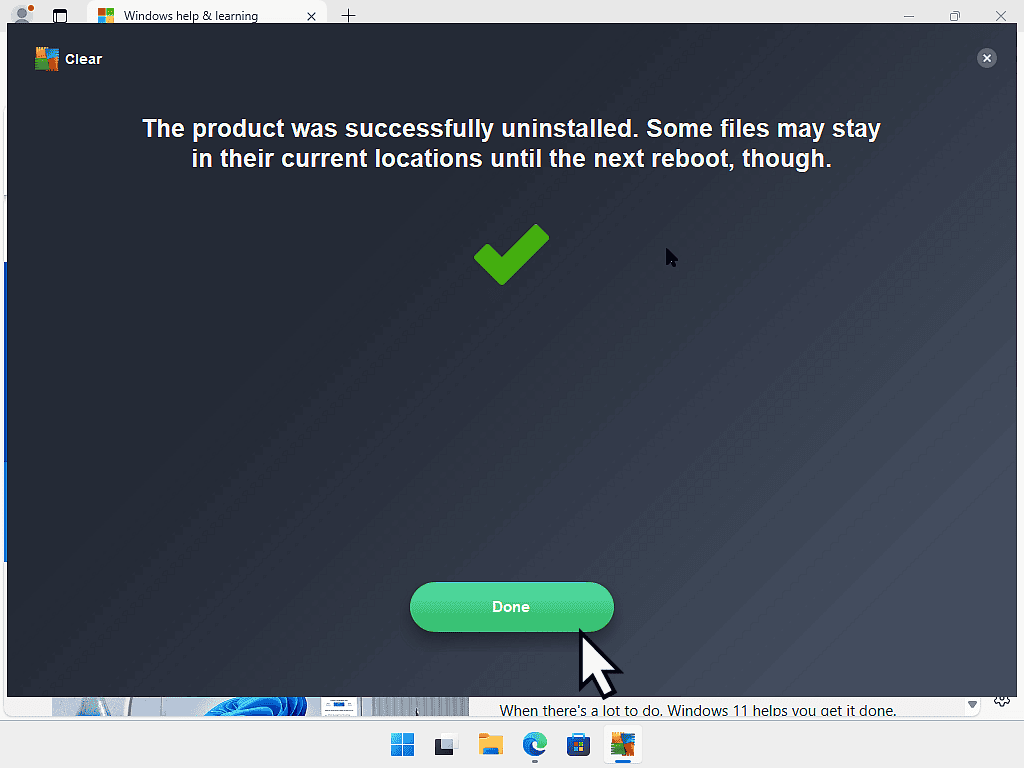 AVG has been uninstalled from PC. The Done button is marked.
