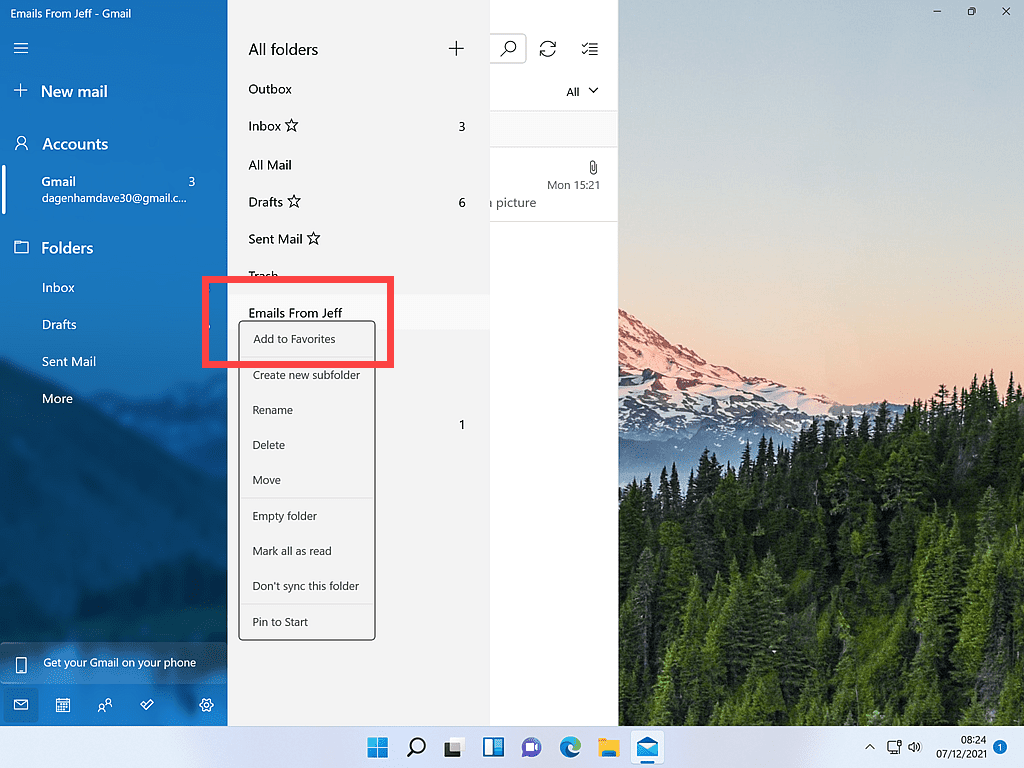 Folder options menu open and 