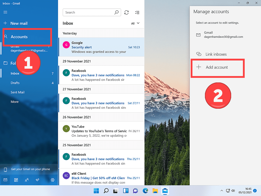 Accounts and Add Account marked in Windows Mail app.