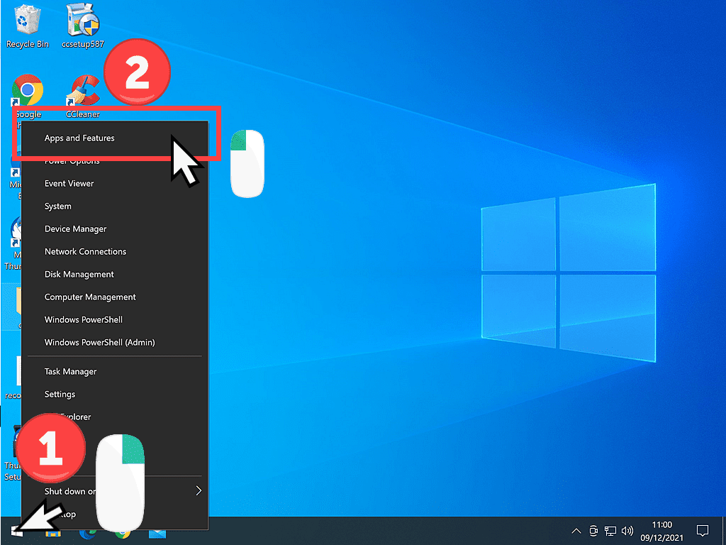 Opening the options menu on Windows 10 Start. Apps and Features is highlighted.