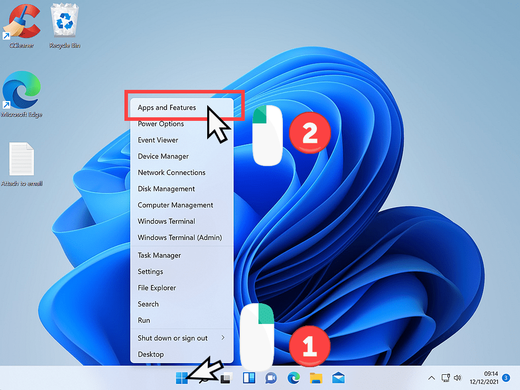 Options menu in Windows 11 Start. Apps and features is marked.
