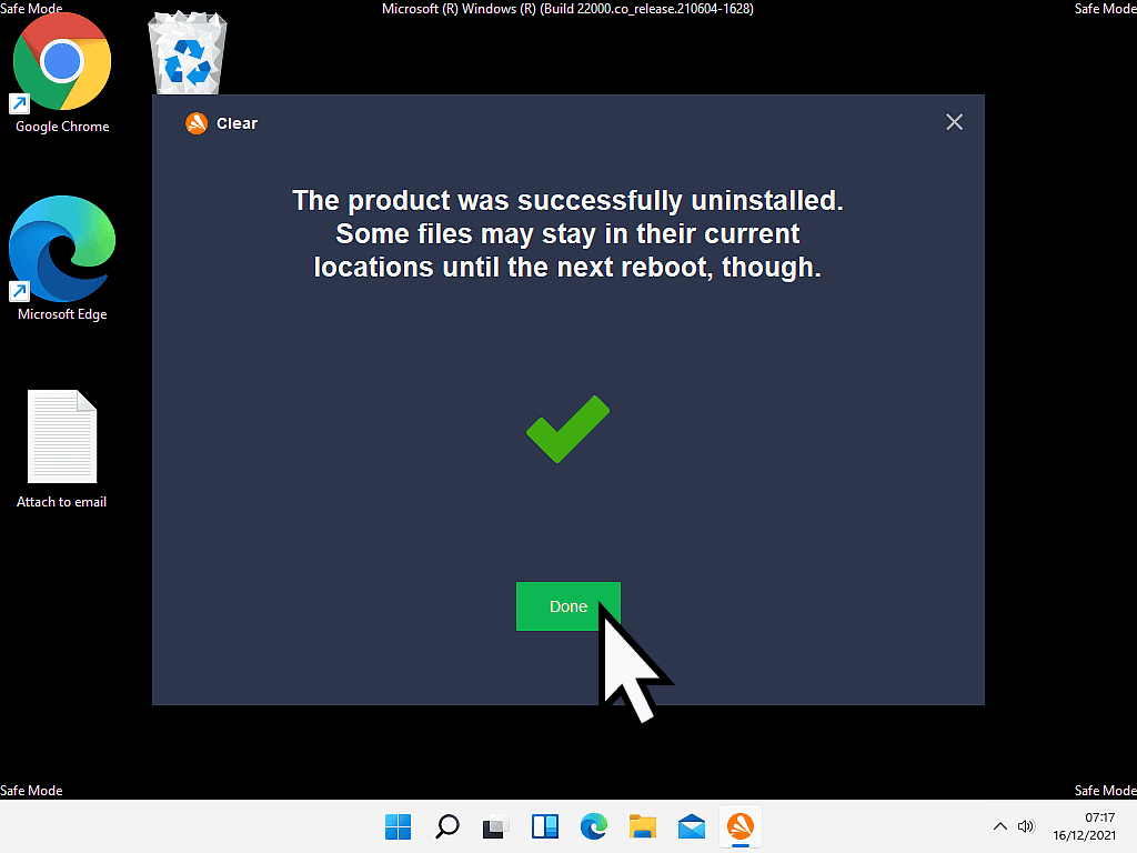 Avast has been uninstalled. Done button indicated.
