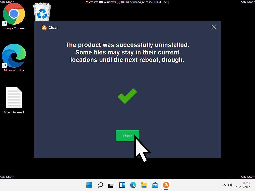 Avast has been uninstalled notification. The done button is highlighted.