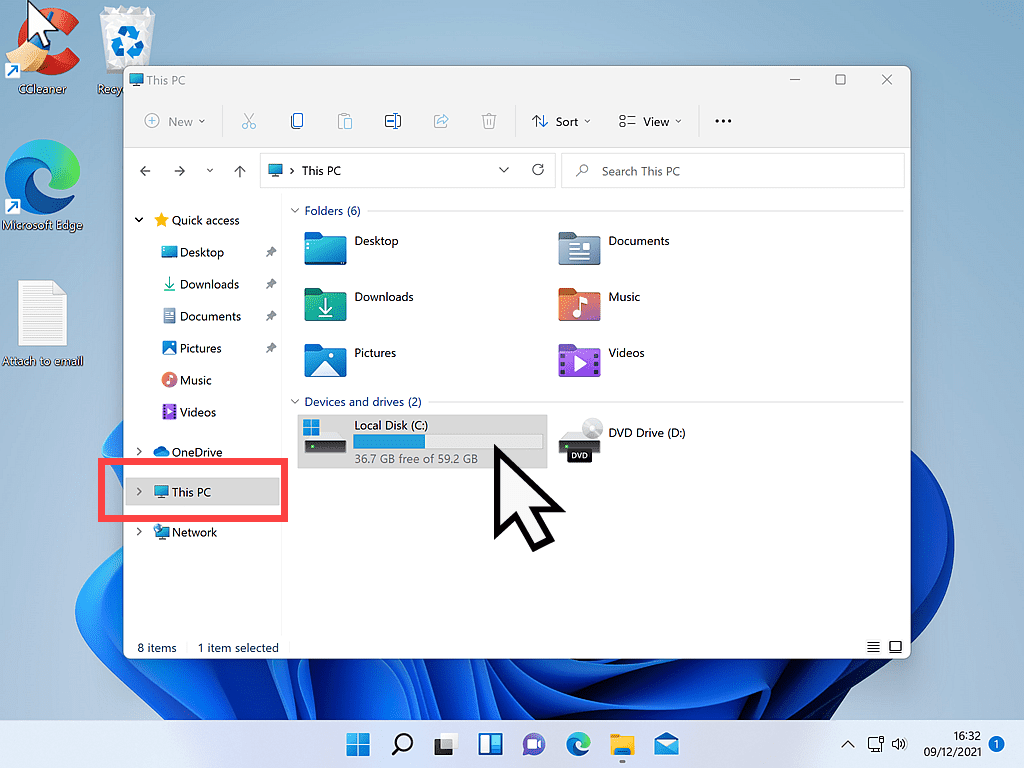 This PC and C drive are both marked in Windows 11 File Explorer.