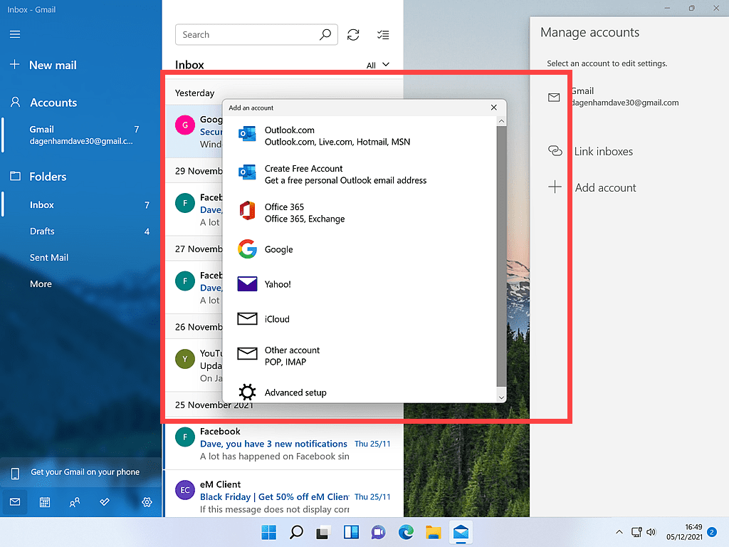 Add an account options window open in Windows Mail app.