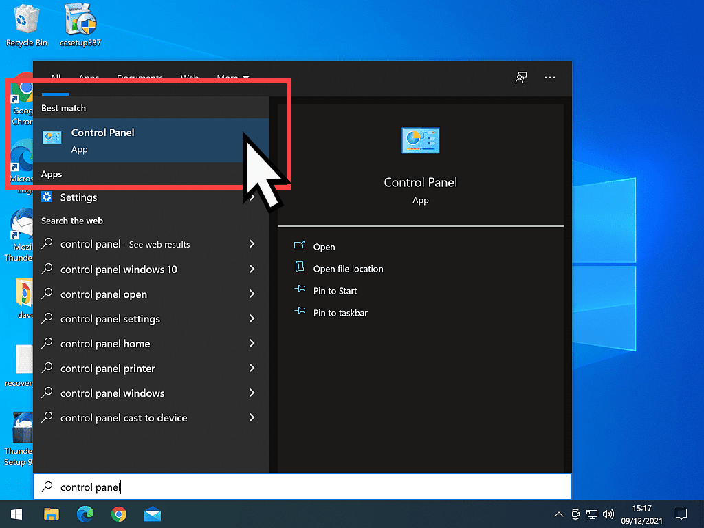 Accessing Control Panel in Windows 10.