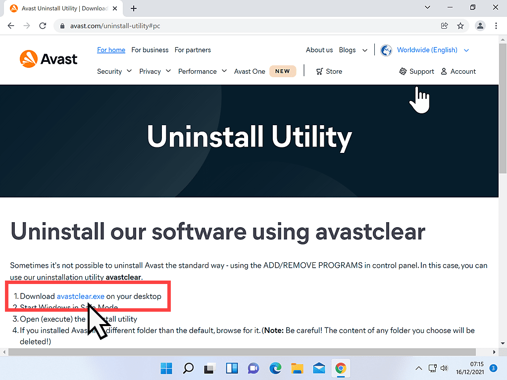 Download Avast Clear page. The link to Avastclear.exe is marked.