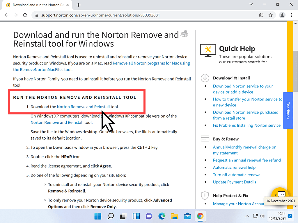 Downloading the Norton remove and Reinstall tool.