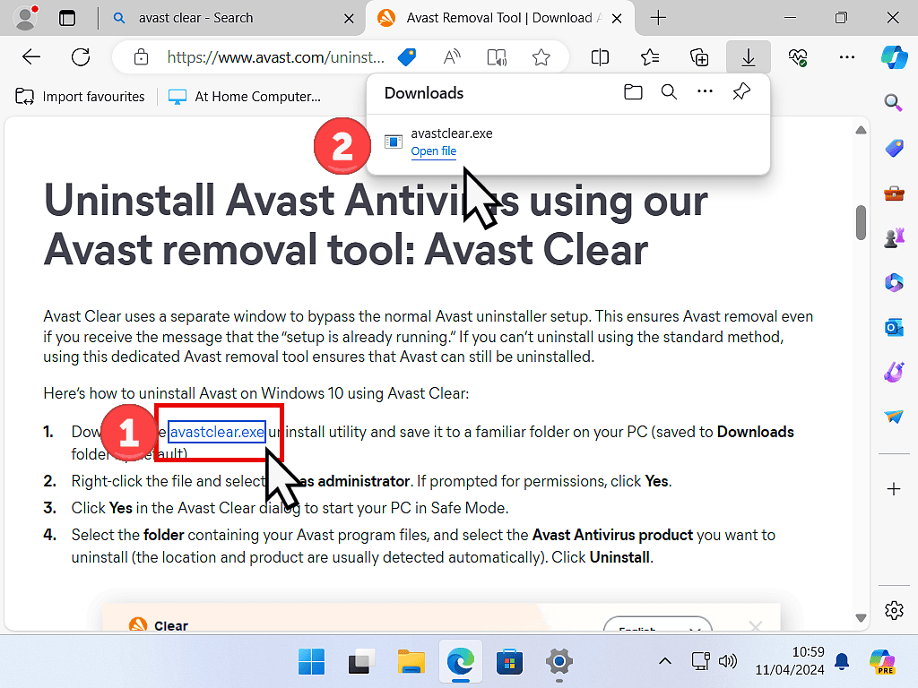 Downloading and running the Avast removal tool.