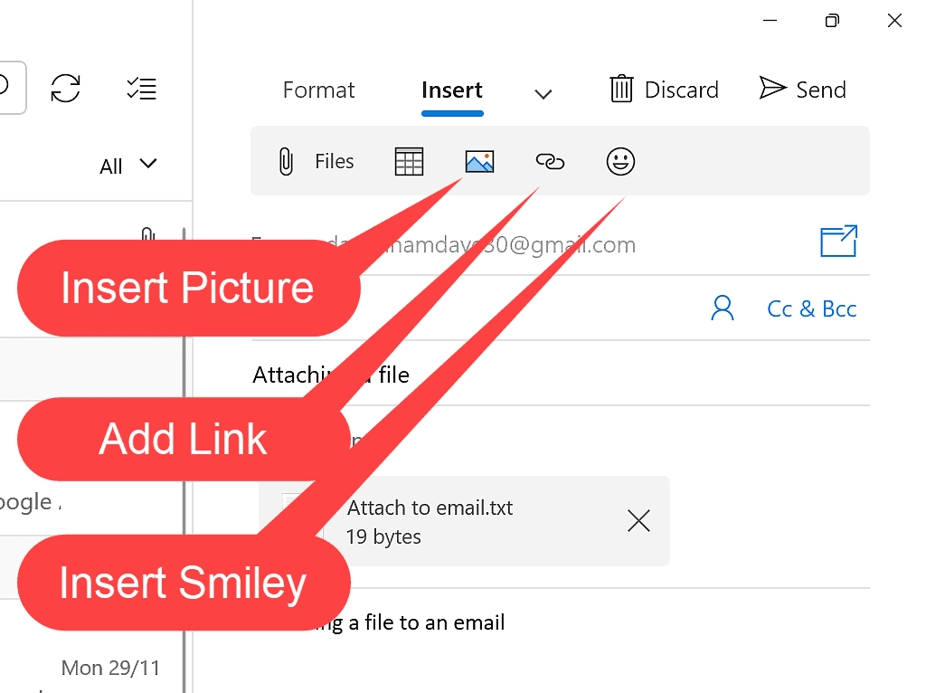 Insert Picture, Add Link and Insert Smiley buttons are all marked and labelled in Windows Mail app.